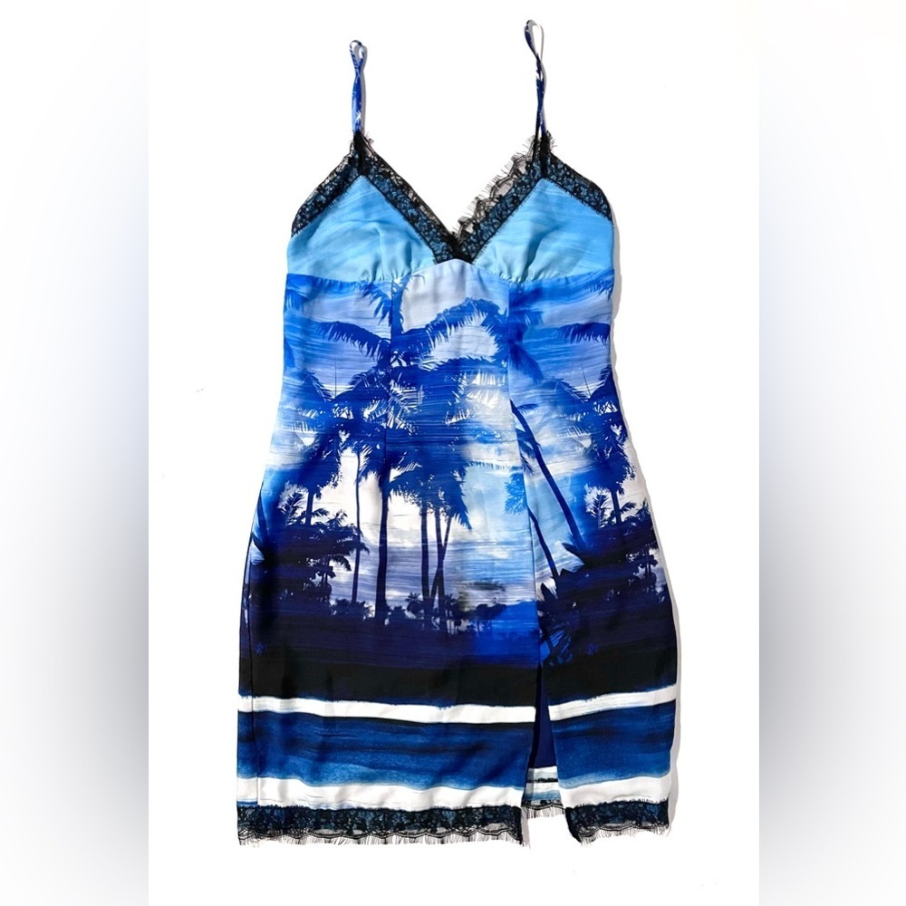 LE SUPERBE Helenas Palm Tree Mini Slip Dress Sz 8 Ocean Blue lace trim